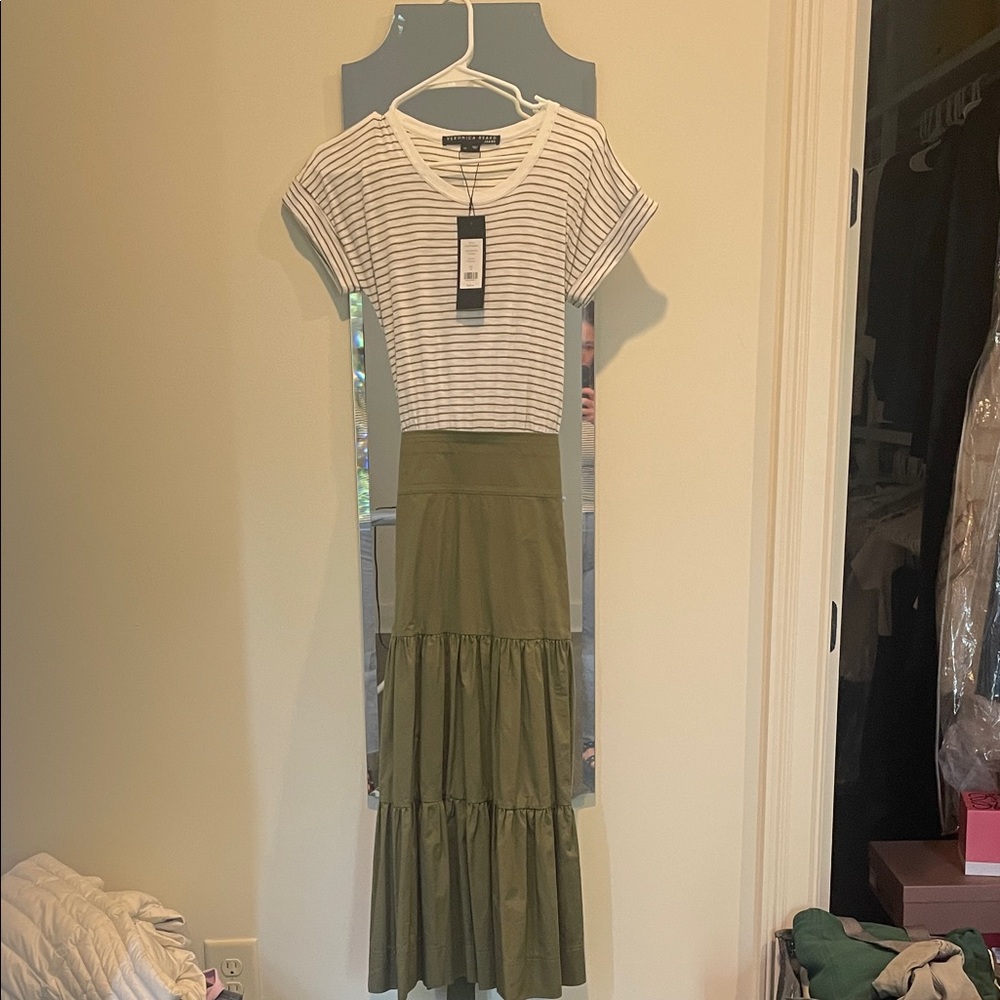 NWT Veronica Beard Striped White and Olive Green Dress